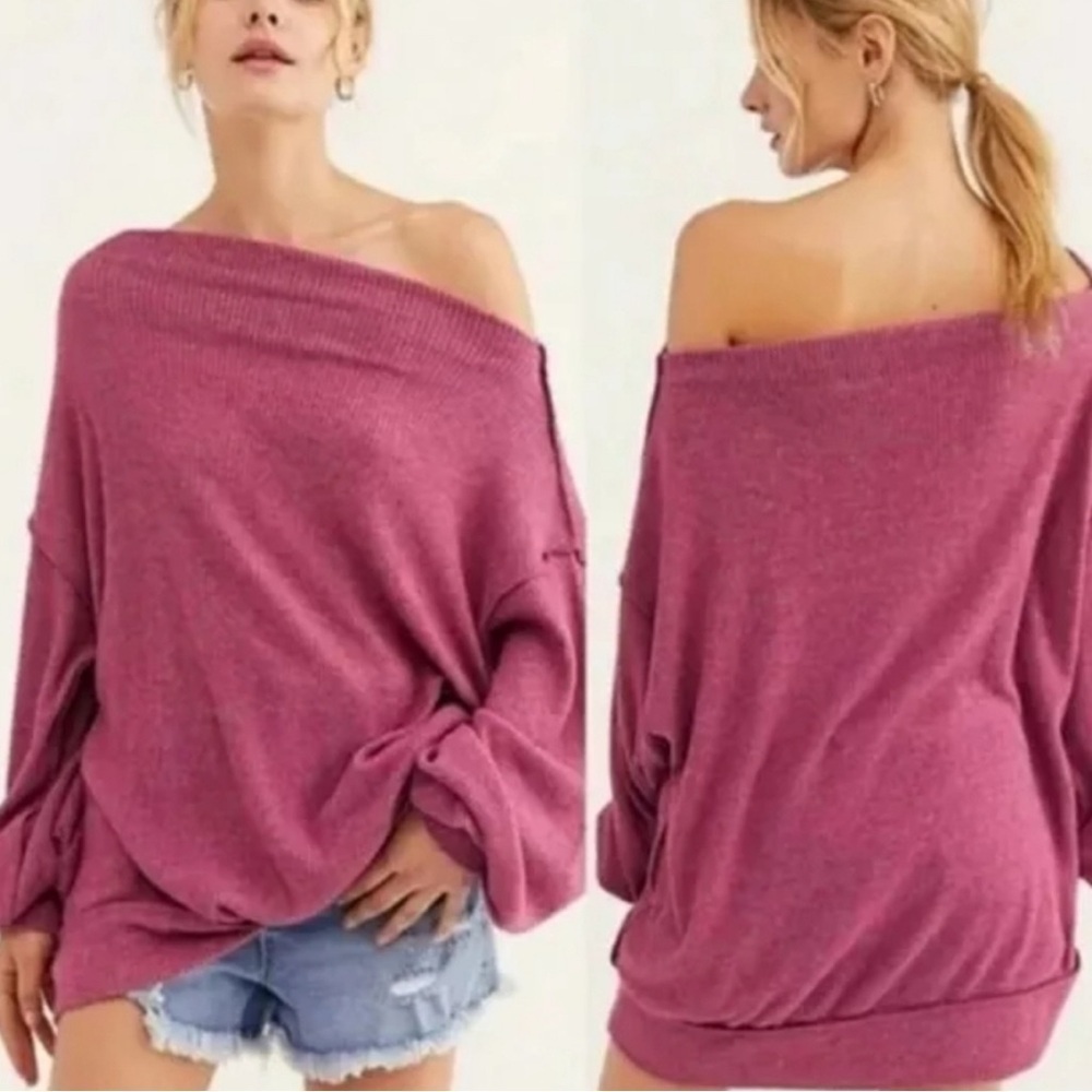 Free People Main Squeeze Hacci Long Sleeve Wine Pink Waffle Knit Oversized Shirt